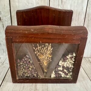 Vintage Wooden Napkin Holder Shadow Box Dried Wheat Beans Seeds Farmhouse Decor